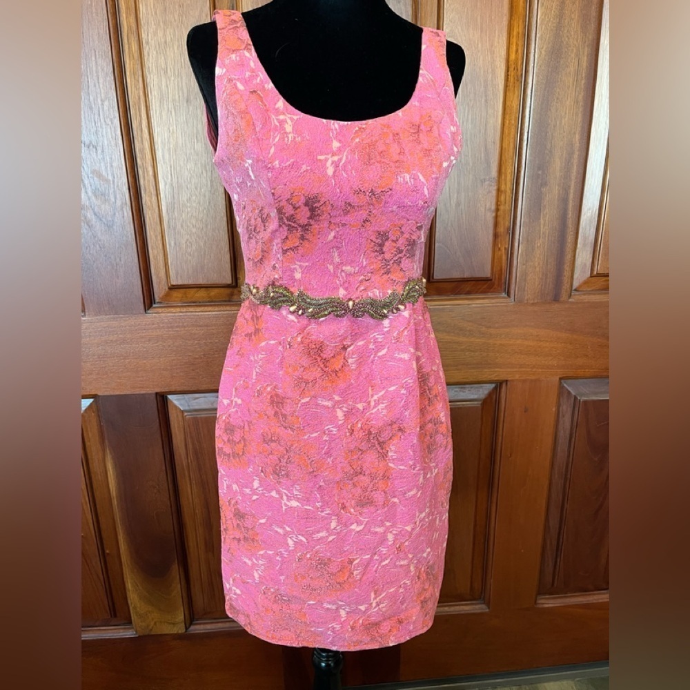 Marchesa Notte Women's Metallic Brocade Jeweled Beaded Sheath Midi Dress Size 2